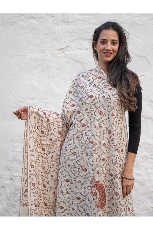 Exclusive, Fine Hand Embroidered Kashmiri Shawl - Cream & Red Paisley