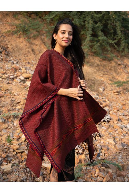 Fine, Soft Himachal Wool Poncho Wrap With Woven Kinnauri Border - Warm ...