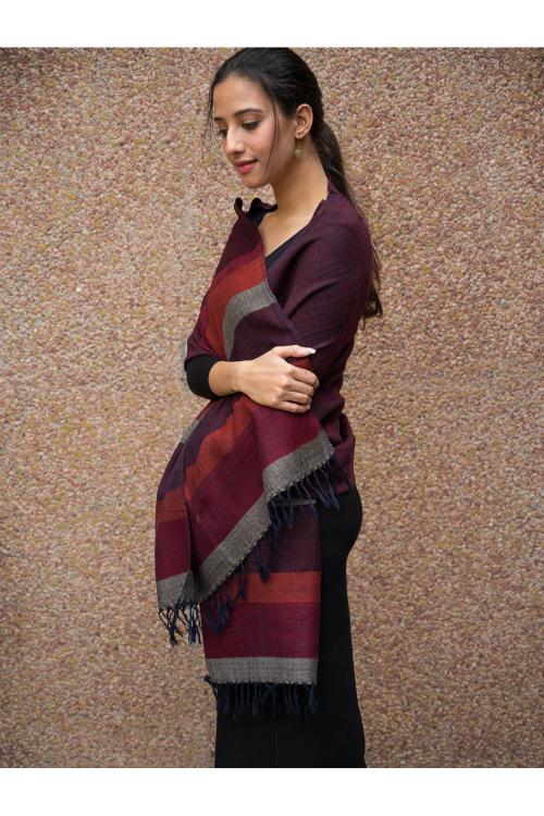 Fine, Soft Himachal Wool Striped Stole - Wine Red