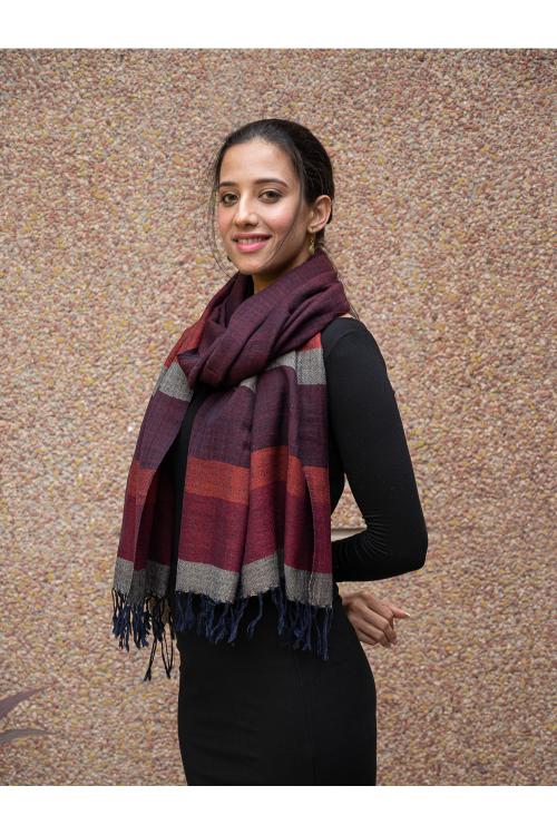 Fine, Soft Himachal Wool Striped Stole - Wine Red