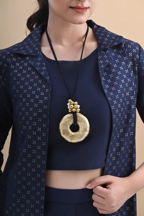 Miharu Black Gold Tone Circle Big Brass Pendant Necklace