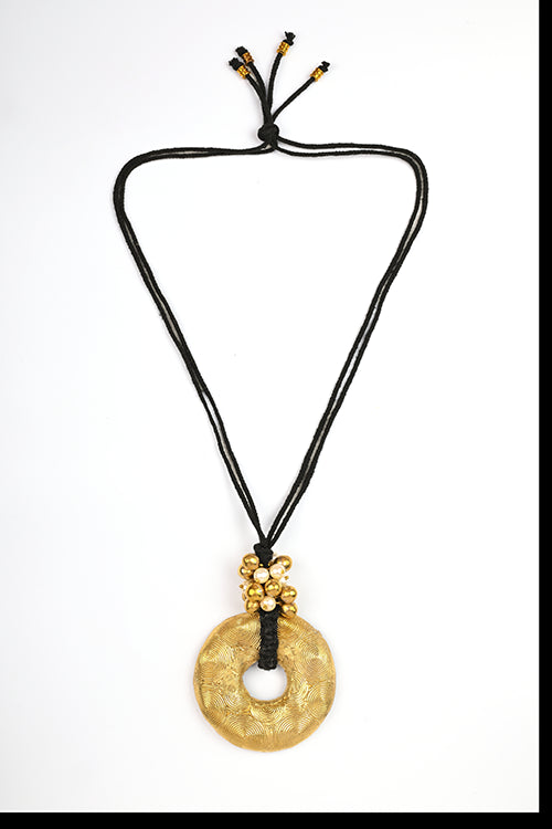 Miharu Black Gold Tone Circle Big Brass Pendant Necklace