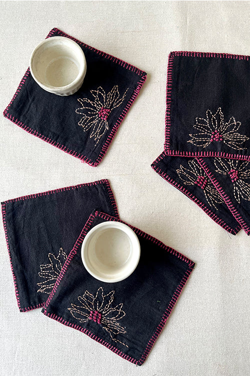 Okhai "Tea Whispers" Hand Embroidered Pure Cotton Set of 6 Glass Coasters