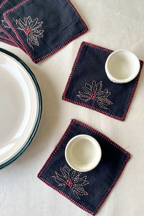 Okhai "Tea Whispers" Hand Embroidered Pure Cotton Set of 6 Glass Coasters