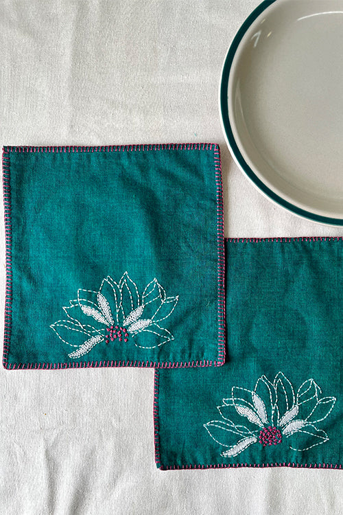 Okhai "Botanical" Hand Embroidered Pure Cotton Set of 6 Coasters