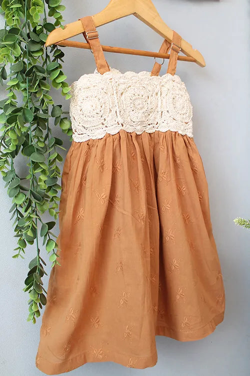 Ajoobaa Kid "Crochet Printed" Summer Dress - Brown