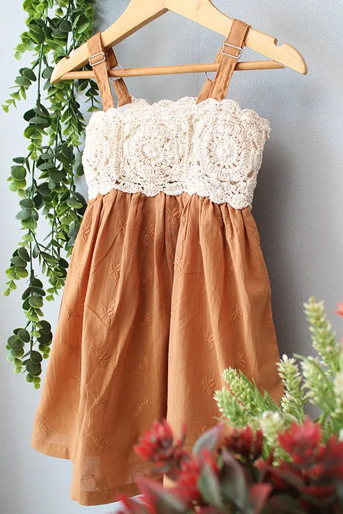 Ajoobaa Kid "Crochet Printed" Summer Dress - Brown