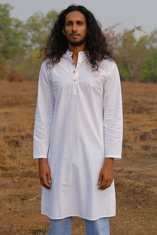 Okhai White Summer Long Pure Cotton Kurta For Men Online