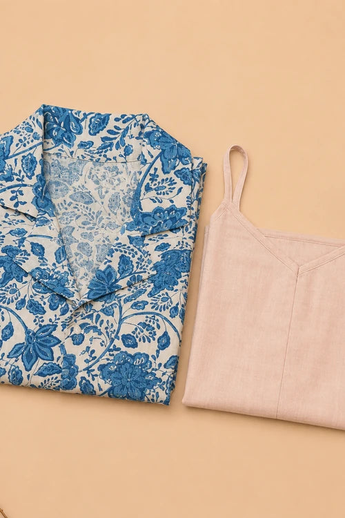 Whe Blue Floral Handblock Printed Cotton Shrug Dress With Inner.
