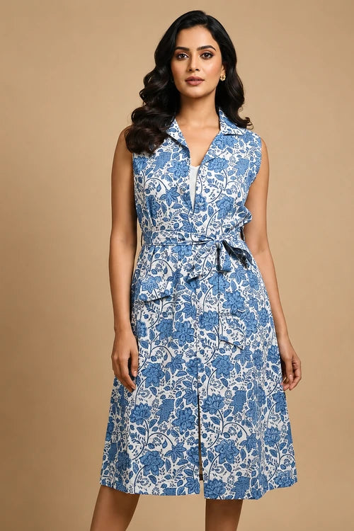 Whe Blue Floral Handblock Printed Cotton Shrug Dress With Inner.
