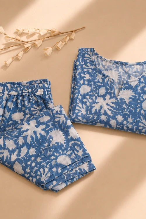 Whe Blue Handblock Printed Cotton Co-Ord Set