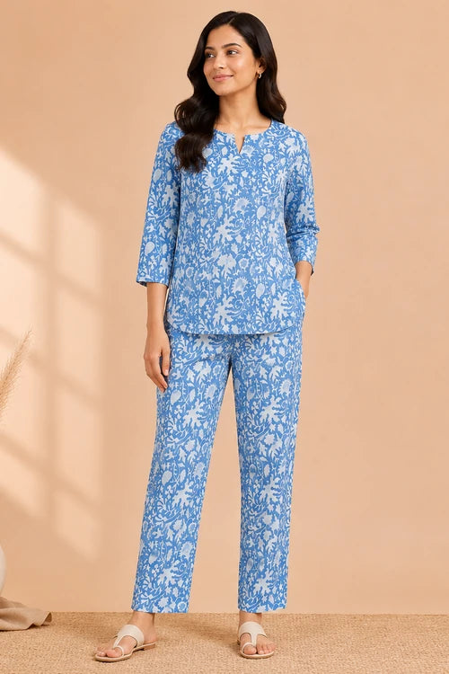 Whe Blue Handblock Printed Cotton Co-Ord Set
