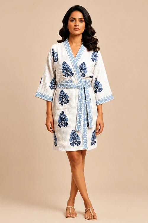 Indi Dhaage Handblock Printed Pure Cotton Bathrobe, Towel & Napkin Set