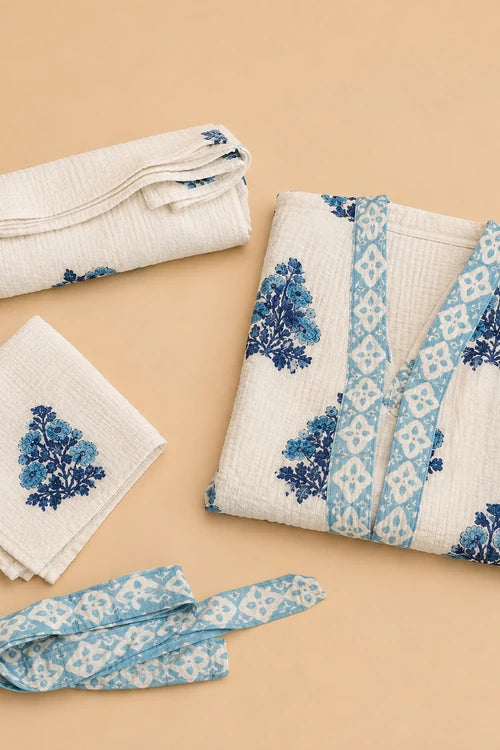 Indi Dhaage Handblock Printed Pure Cotton Bathrobe, Towel & Napkin Set