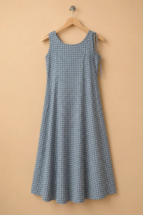 Whe White And Grey Handblock Printed Cotton Sleeveless Dress
