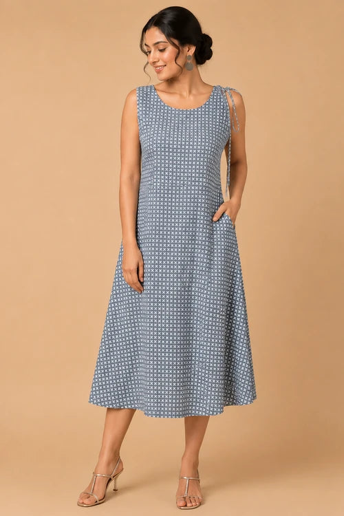 Whe White And Grey Handblock Printed Cotton Sleeveless Dress