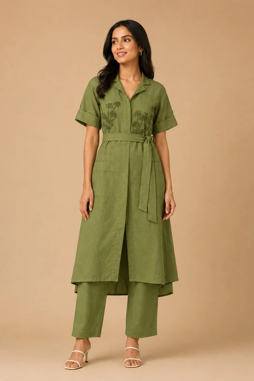 Indi Dhaage Green Handblock Printed Cotton Shrug Suit Set With Inner