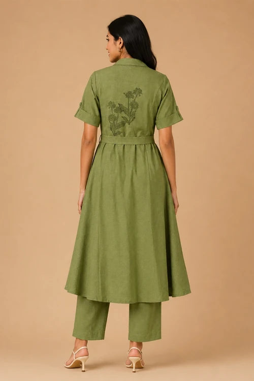 Whe Green Handblock Printed Cotton Shrug Suit Set With Inner