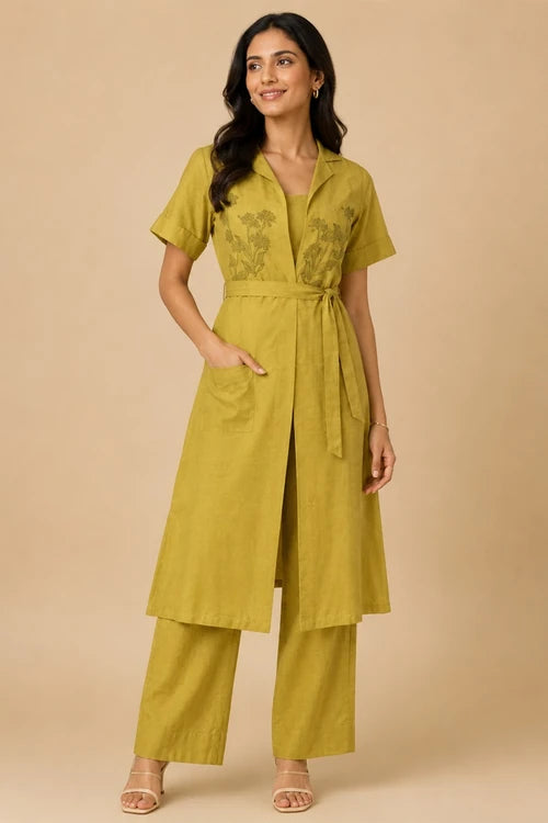 Whe Mustard Handblock Printed Cotton Shrug Suit Set With Inner