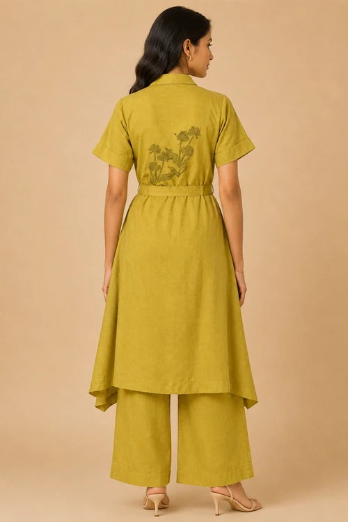 Whe Mustard Handblock Printed Cotton Shrug Suit Set With Inner