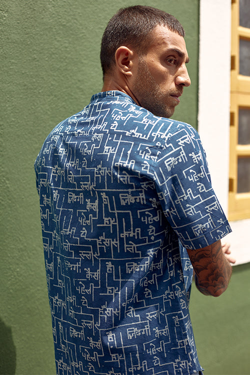 Okhai 'Blue Sienna' Pure Cotton Hand Block Printed Half Sleeves Shirt
