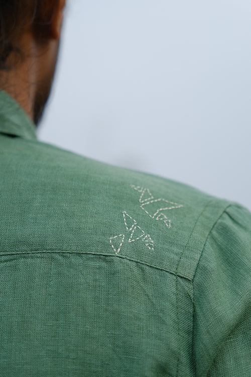 Okhai 'Leafy Affair' cotton Linen Blend Hand Embroidered Full Sleeves Shirt