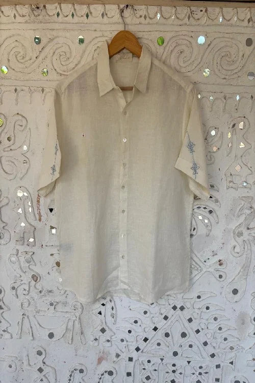 Okhai 'Reverence' Cotton Linen Blend Hand Embroidered Half Sleeves Shirt | Rescue