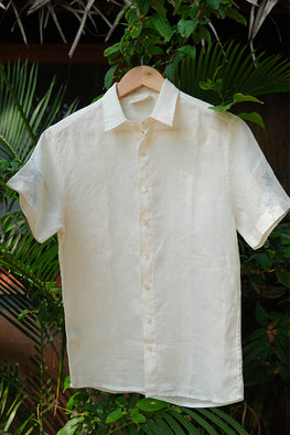 Okhai 'Reverence' Cotton Linen Blend Hand Embroidered Half Sleeves Shirt