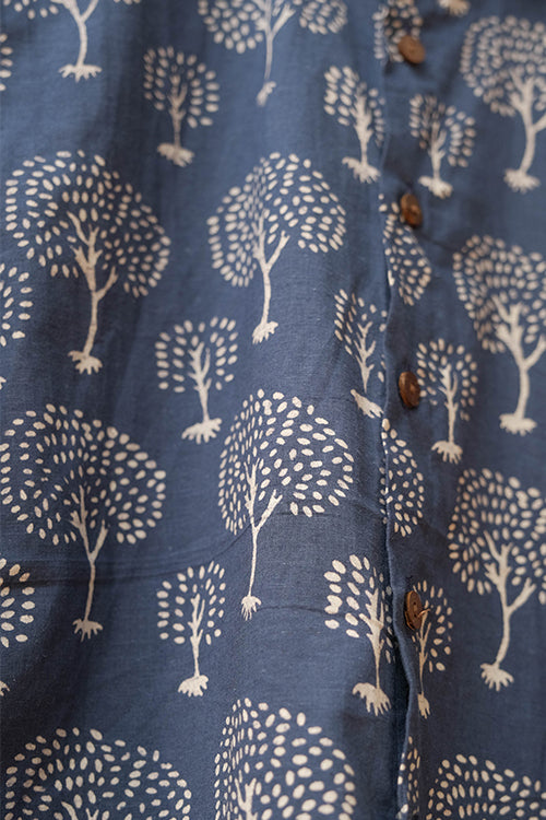 Okhai "Blue Timber" Handblock Printed Half-Sleeved Pure Cotton Shirt