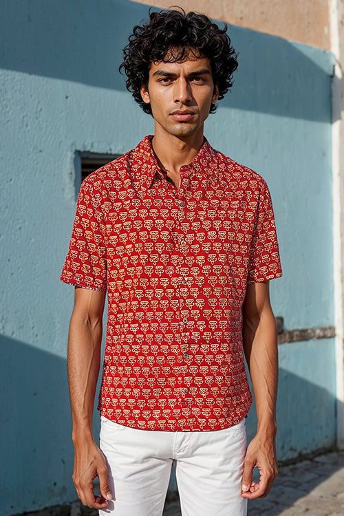 Okhai "Retrograde" Handblock Printed Pure Cotton Half-Sleeved Shirt