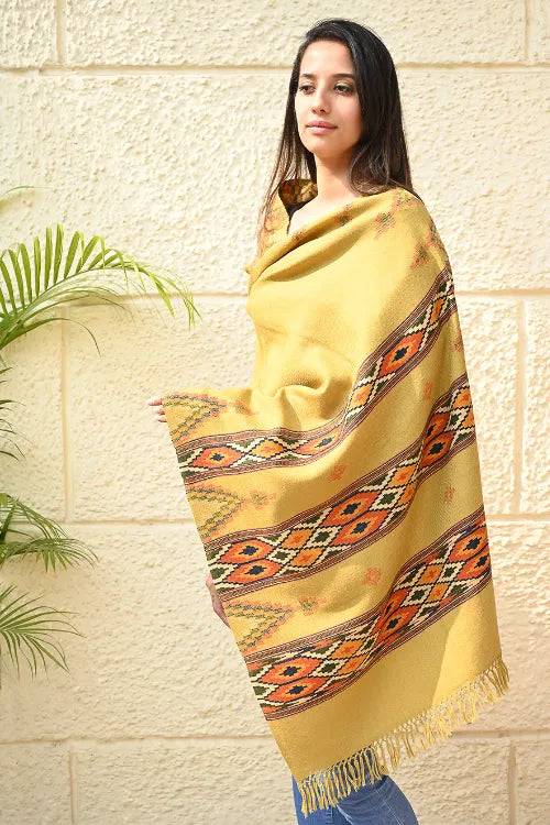 The ICH Fine, Soft Himachal Self Striped Wool Stole - 3 Panels, Sun Kissed