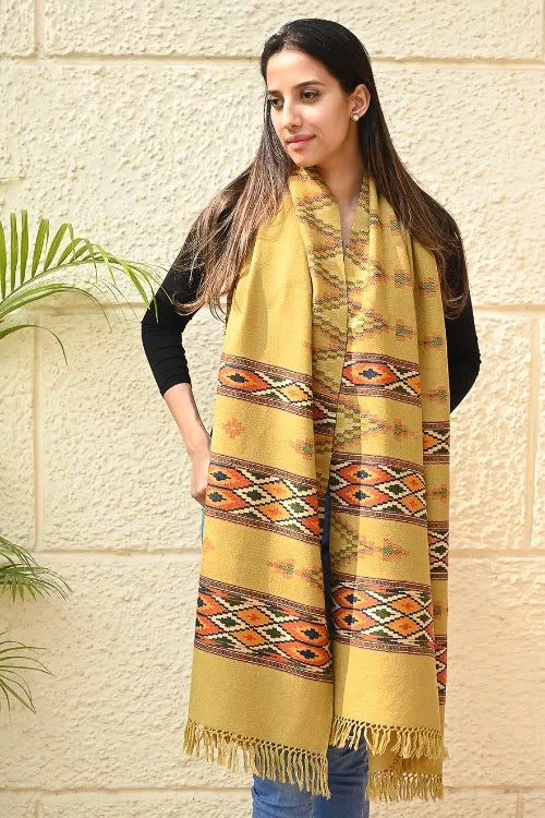 The ICH Fine, Soft Himachal Self Striped Wool Stole - 3 Panels, Sun Kissed