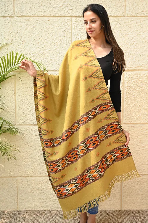 The ICH Fine, Soft Himachal Self Striped Wool Stole - 3 Panels, Sun Kissed