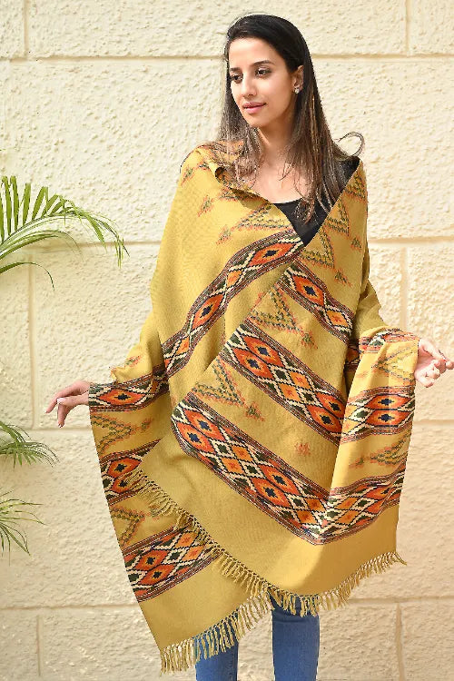 The ICH Fine, Soft Himachal Self Striped Wool Stole - 3 Panels, Sun Kissed