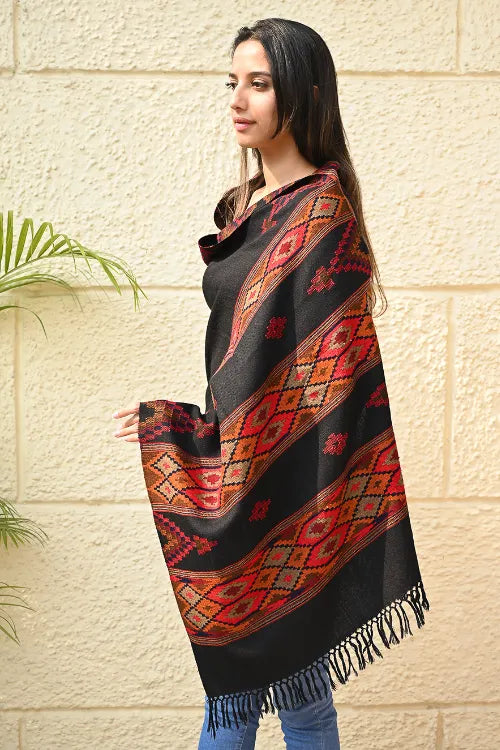 The ICH Fine, Soft Himachal Self Striped Wool Stole - 3 Panels, Raven And Rust