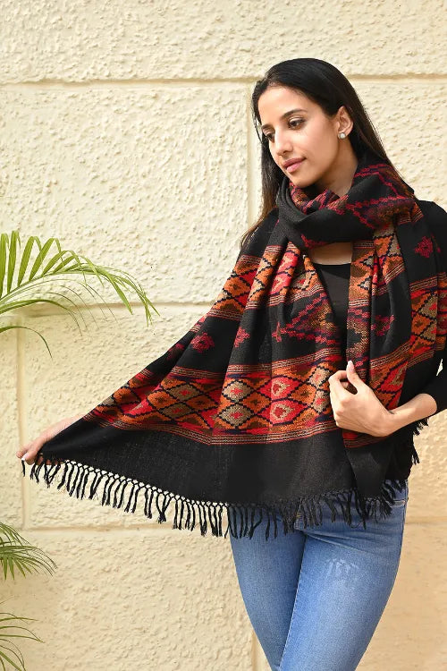 The ICH Fine, Soft Himachal Self Striped Wool Stole - 3 Panels, Raven And Rust