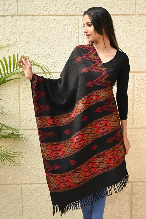 The ICH Fine, Soft Himachal Self Striped Wool Stole - 3 Panels, Raven And Rust