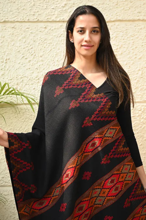 The ICH Fine, Soft Himachal Self Striped Wool Stole - 3 Panels, Raven And Rust