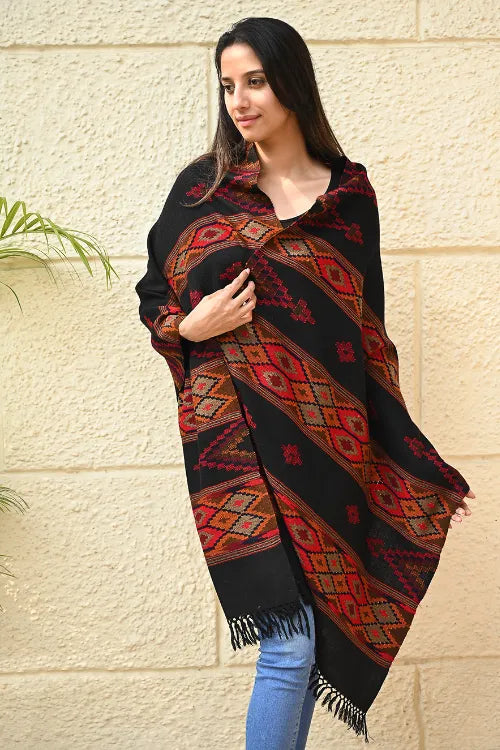 The ICH Fine, Soft Himachal Self Striped Wool Stole - 3 Panels, Raven And Rust