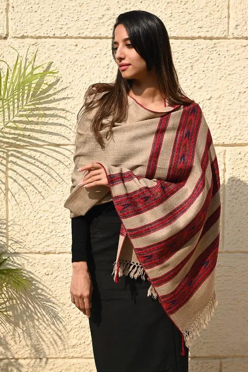 The ICH Fine, Soft Himachal Self Striped Wool Stole - 3 Panels, Camel Beige