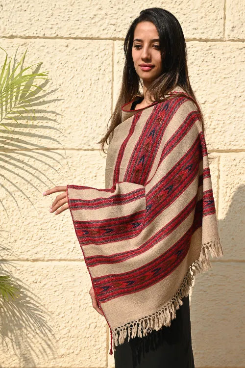 The ICH Fine, Soft Himachal Self Striped Wool Stole - 3 Panels, Camel Beige