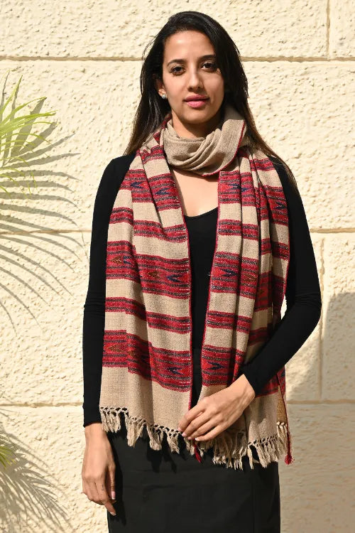 The ICH Fine, Soft Himachal Self Striped Wool Stole - 3 Panels, Camel Beige
