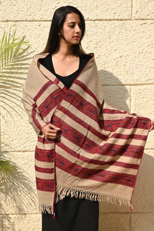 The ICH Fine, Soft Himachal Self Striped Wool Stole - 3 Panels, Camel Beige