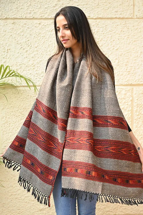 The ICH Fine, Soft Himachal Self Striped Wool Stole - 3 Panels, Stone Ember