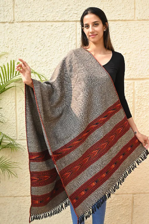 The ICH Fine, Soft Himachal Self Striped Wool Stole - 3 Panels, Stone Ember