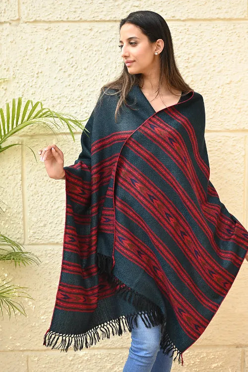 The ICH Fine, Soft Himachal Self Striped Wool Stole - 3 Panels, Deep Teal