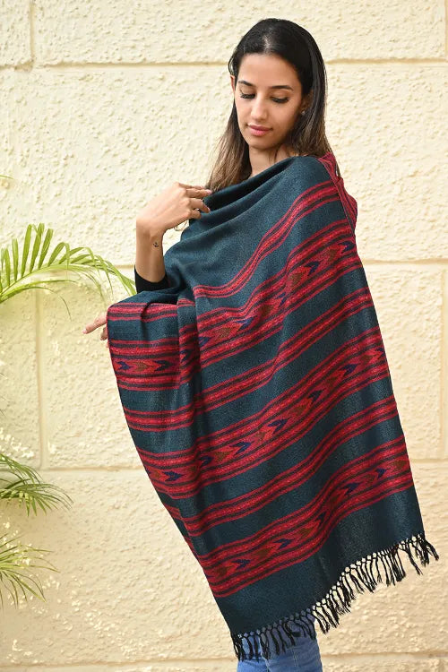 The ICH Fine, Soft Himachal Self Striped Wool Stole - 3 Panels, Deep Teal