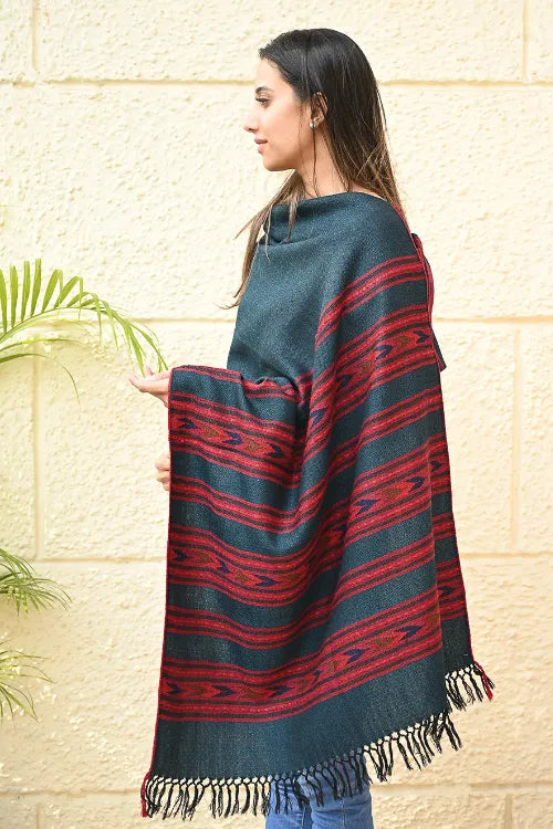 The ICH Fine, Soft Himachal Self Striped Wool Stole - 3 Panels, Deep Teal