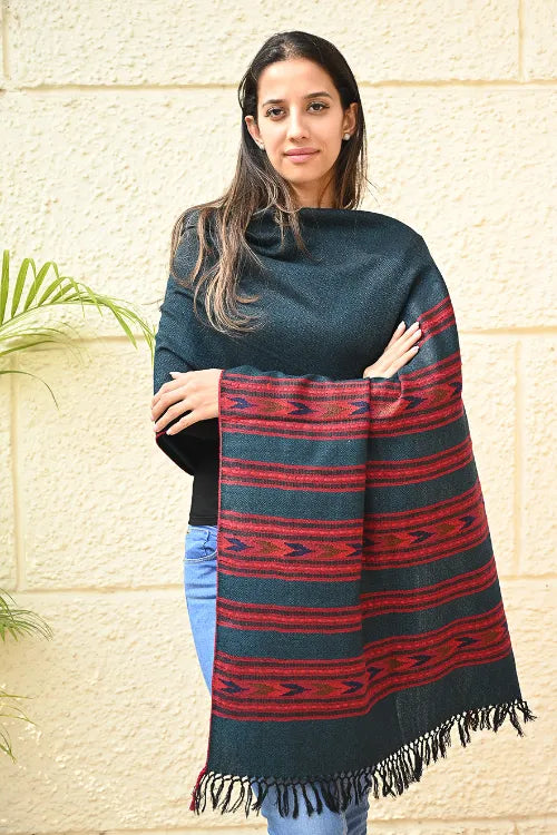 The ICH Fine, Soft Himachal Self Striped Wool Stole - 3 Panels, Deep Teal