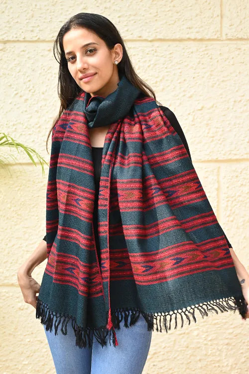 The ICH Fine, Soft Himachal Self Striped Wool Stole - 3 Panels, Deep Teal